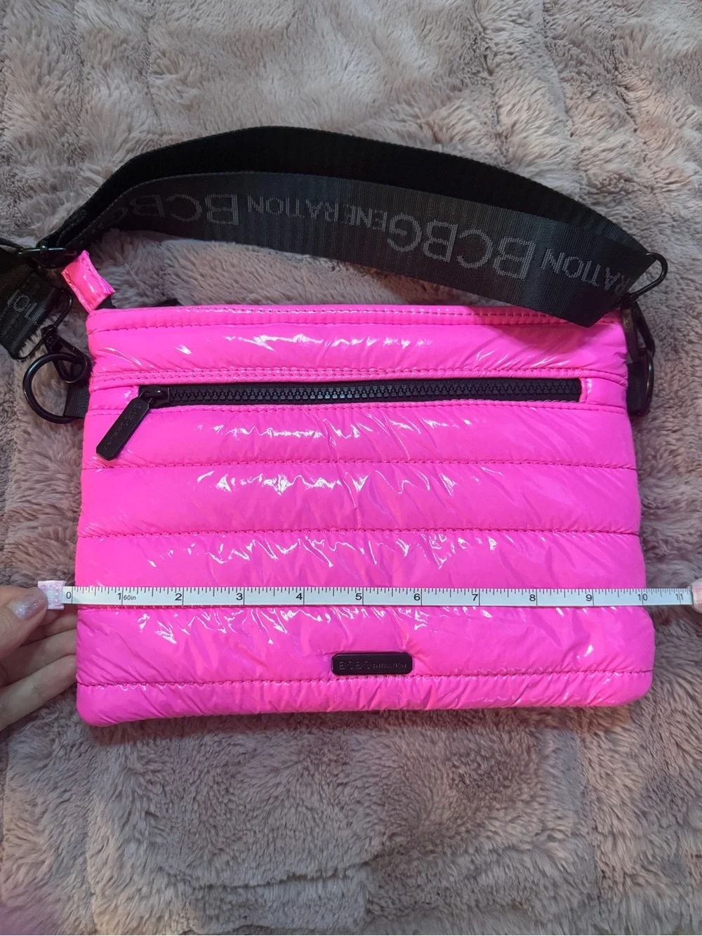 BCBGeneration Neon Pink Quilted Patent Crossbody Bag with Branded Strap